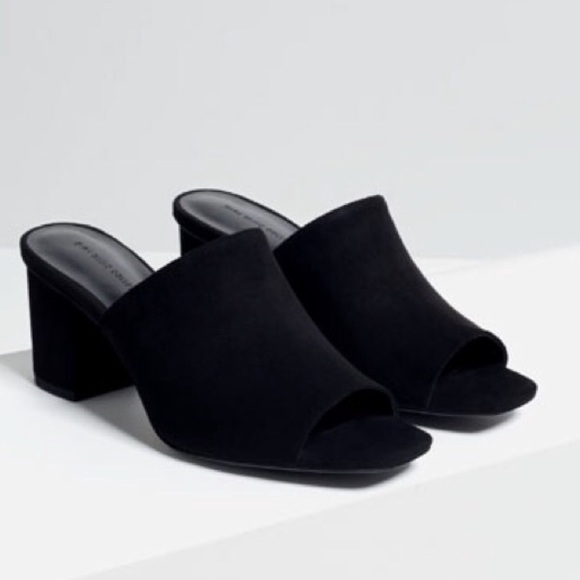 black suede mules heels